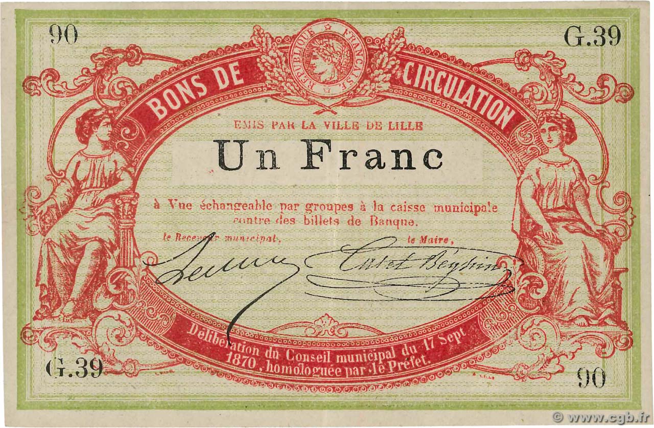 1 Franc FRANCE regionalism and miscellaneous Lille 1870 JER.59.40D XF+