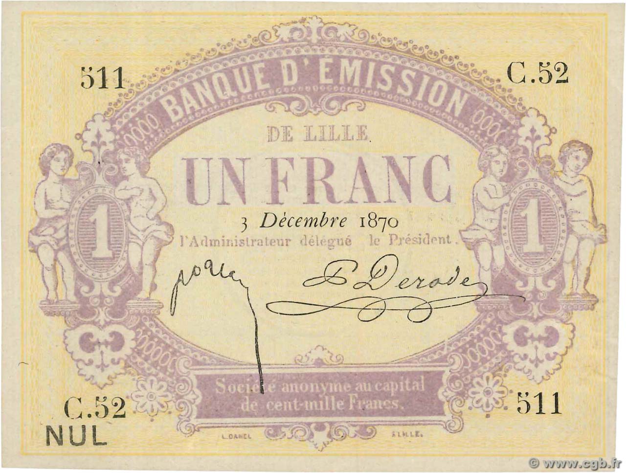 1 Franc Annulé FRANCE regionalism and miscellaneous Lille 1870 JER.59.41A XF+