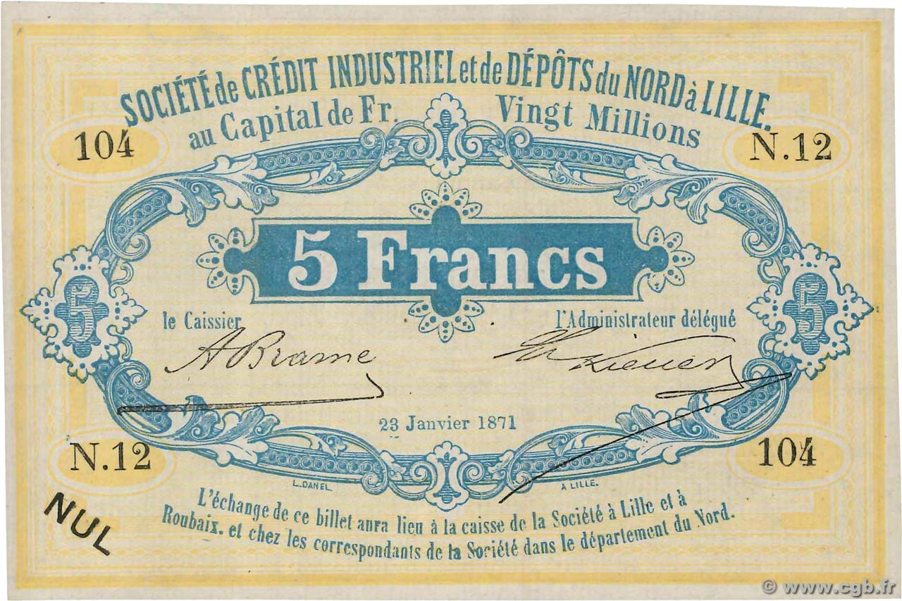 5 Francs Annulé FRANCE regionalismo y varios Lille 1871 JER.59.42D SC