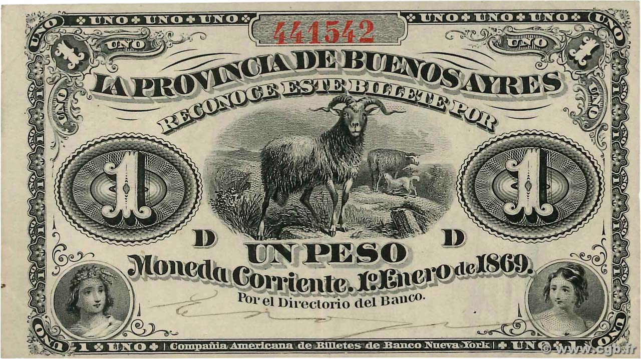 1 Peso ARGENTINA  1869 PS.0481a EBC