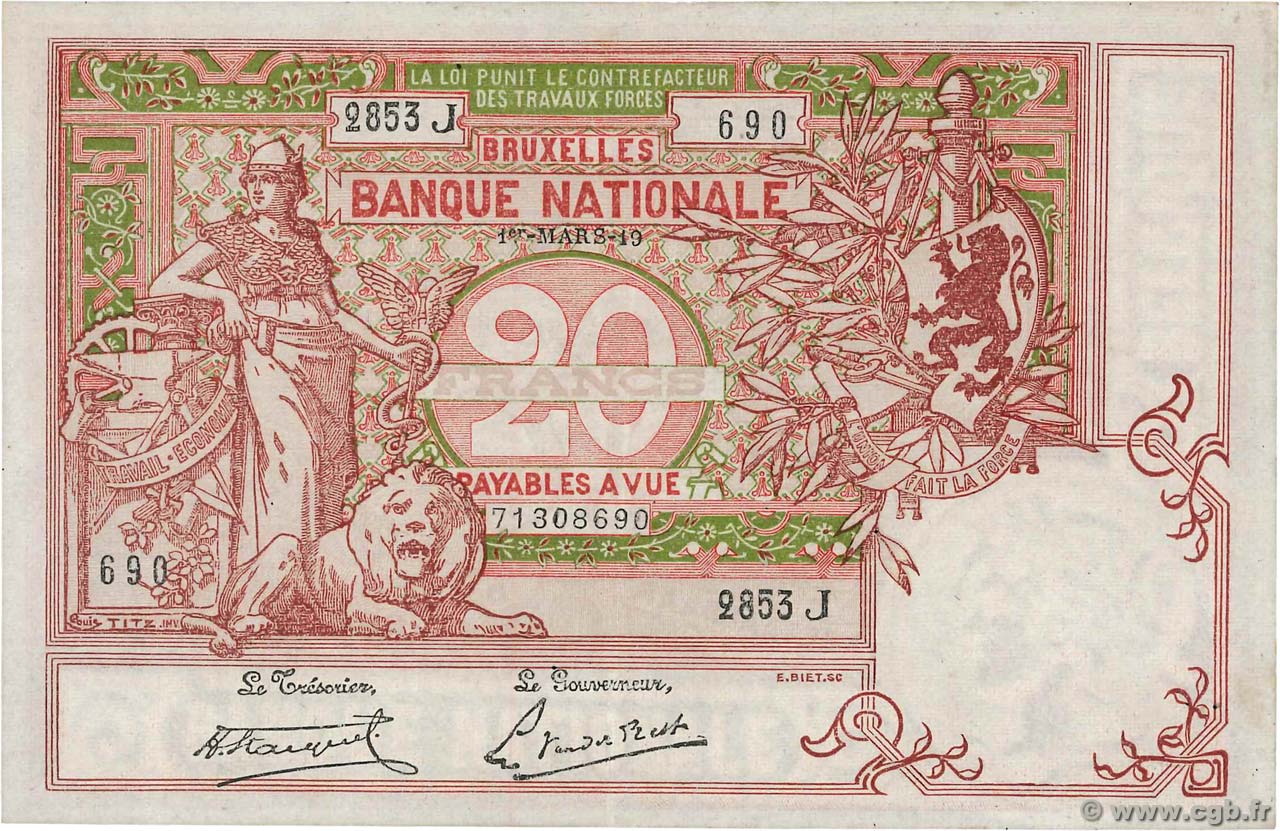 20 Francs BELGIO  1919 P.067 q.AU