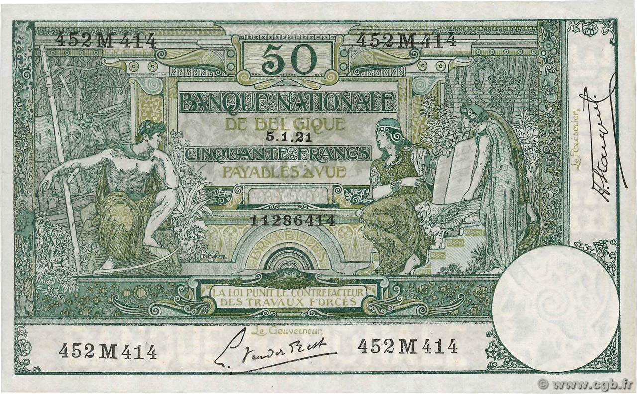 50 Francs BELGIO  1921 P.068b q.AU