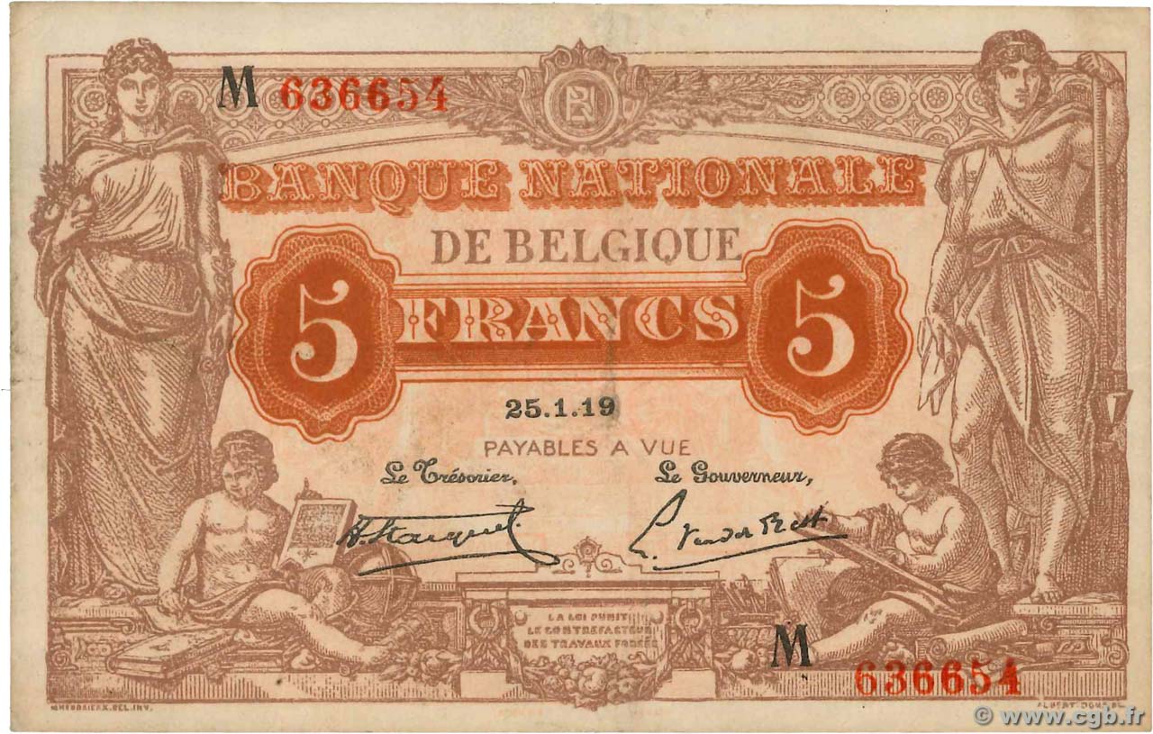 5 Francs BELGIQUE  1919 P.074b TTB