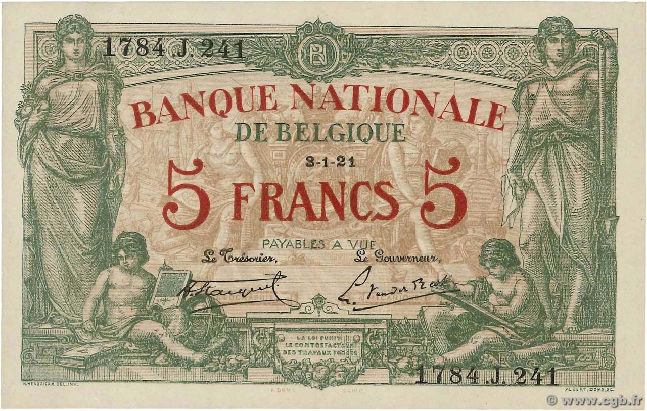 5 Francs BELGIEN  1921 P.075b VZ+