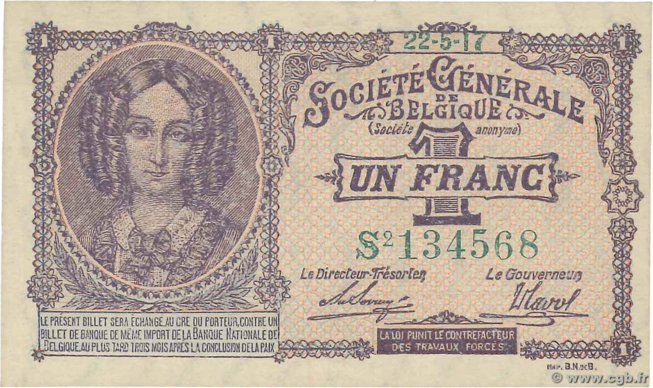 1 Franc BÉLGICA  1917 P.086b SC