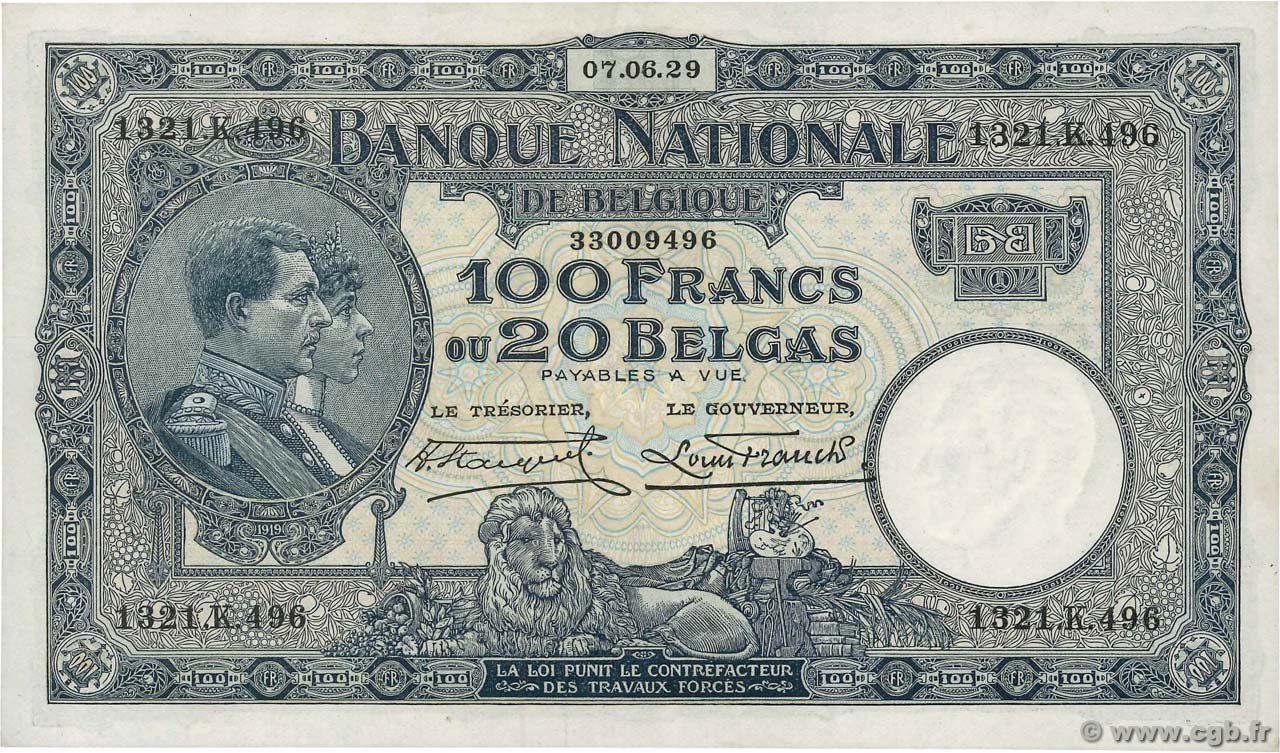 100 Francs - 20 Belgas BELGIQUE  1929 P.102 pr.SPL