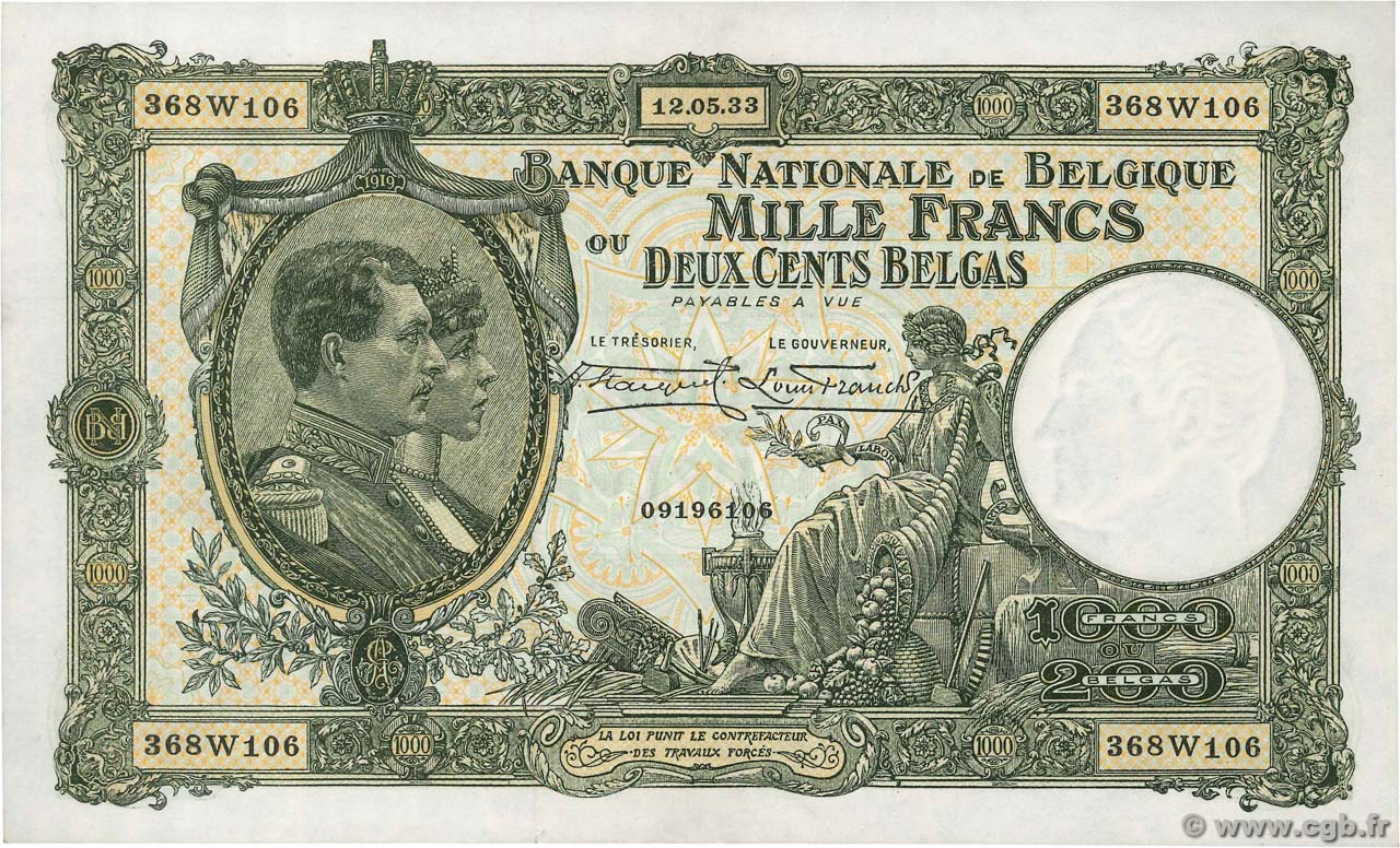 1000 Francs - 200 Belgas BELGIO  1933 P.104 SPL