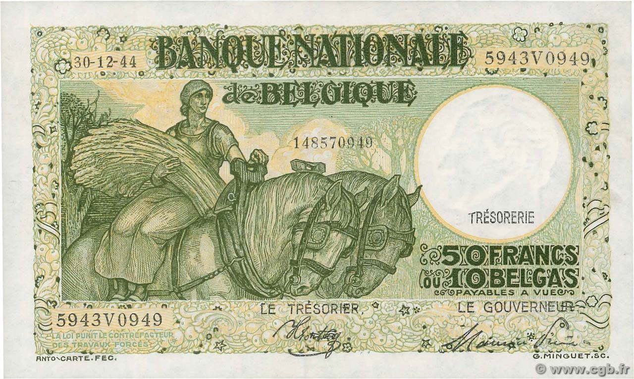 50 Francs - 10 Belgas BELGIUM  1944 P.106 AU+