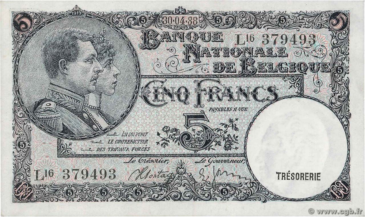 5 Francs Fauté BELGIEN  1938 P.108- ST
