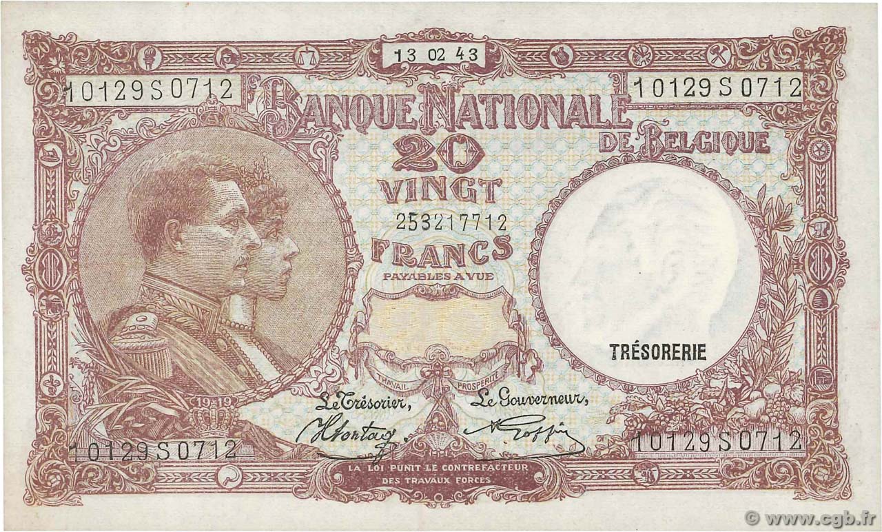 20 Francs BELGIEN  1943 P.111 fST+