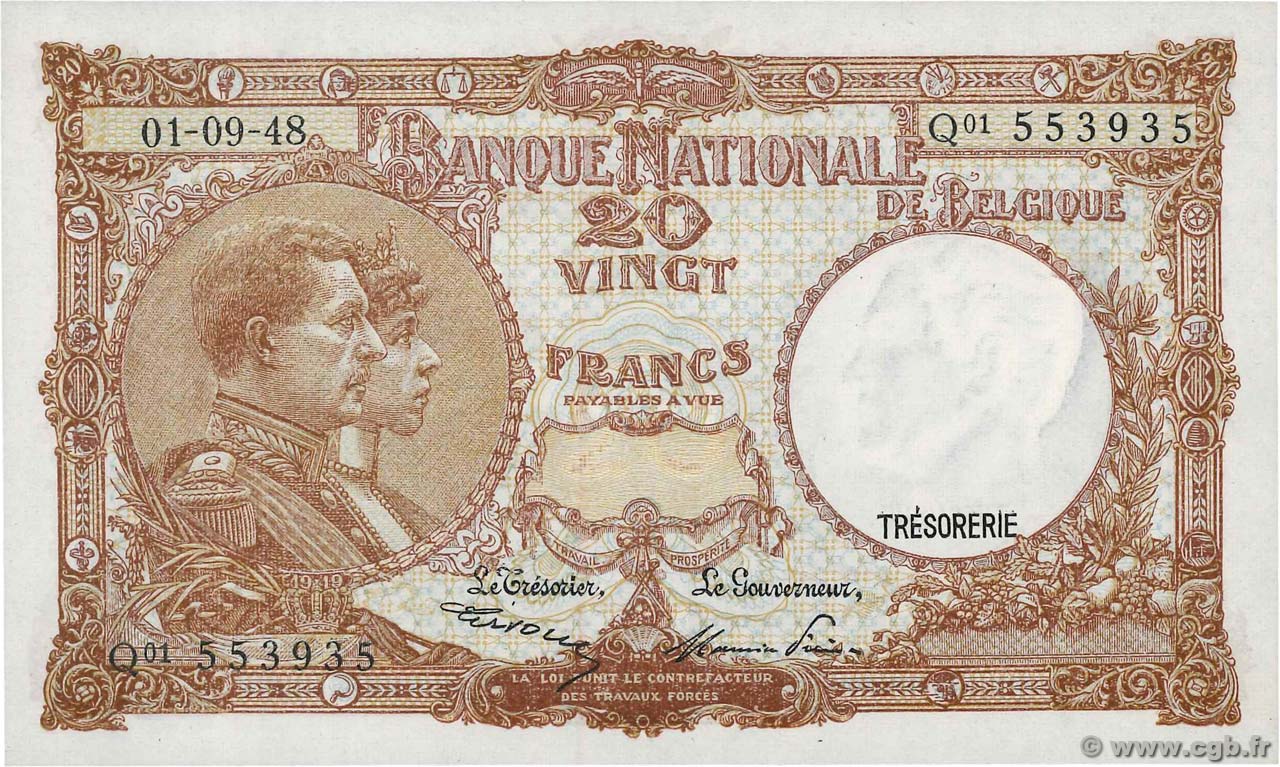 20 Francs BELGIUM  1948 P.116 UNC