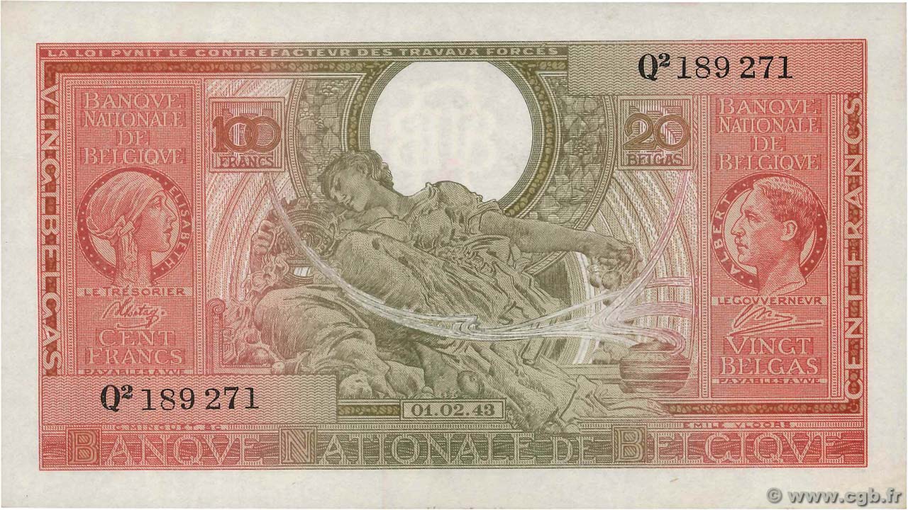 100 Francs - 20 Belgas BELGIUM  1943 P.123 UNC-