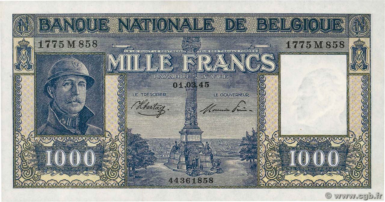 1000 Francs BELGIUM  1945 P.128b UNC
