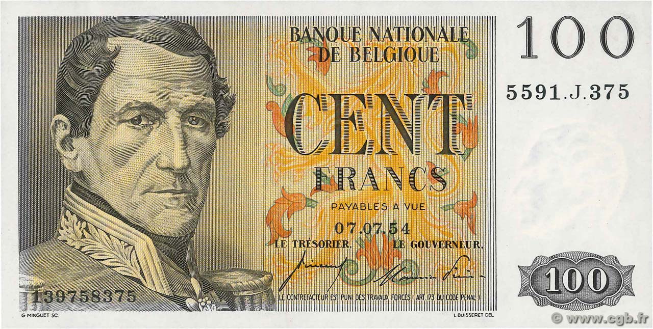 100 Francs BÉLGICA  1954 P.129b FDC