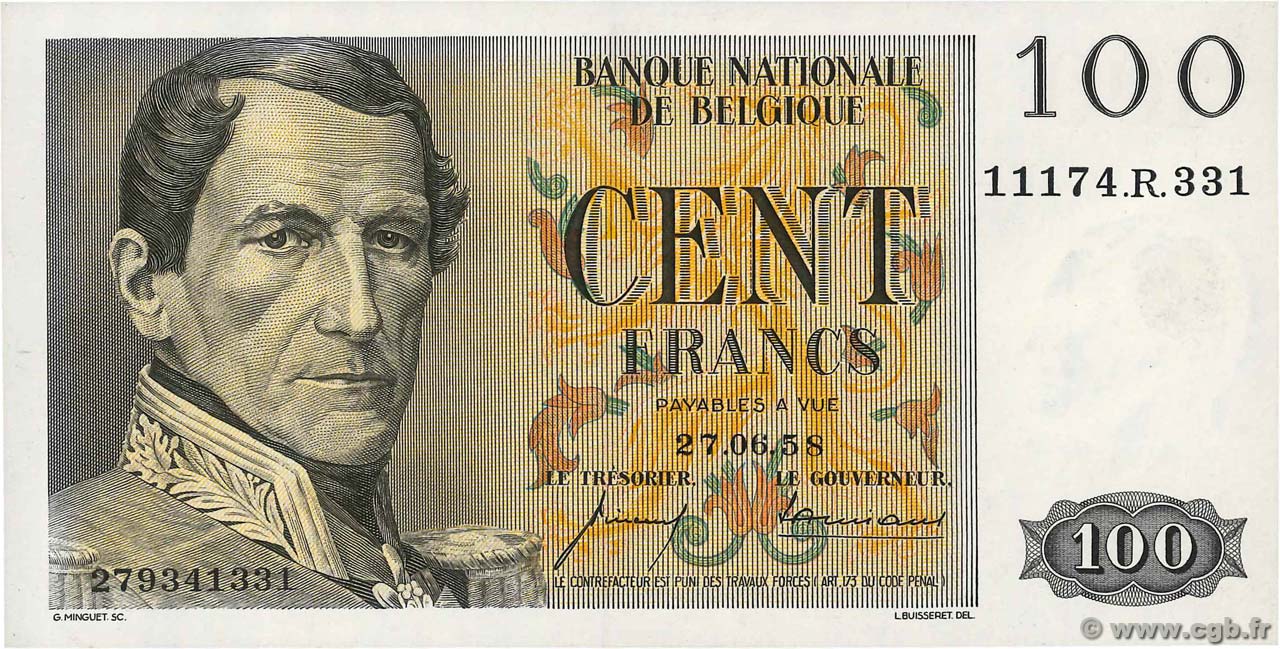 100 Francs BELGIO  1958 P.129c FDC