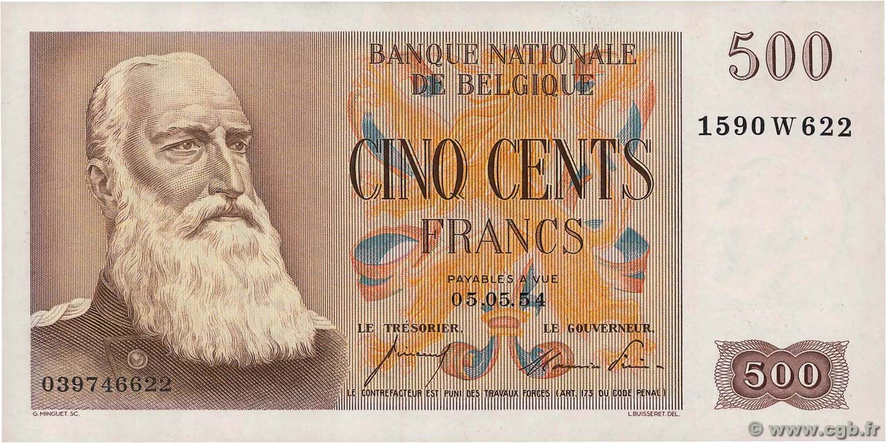 500 Francs BELGIUM  1954 P.130b AU