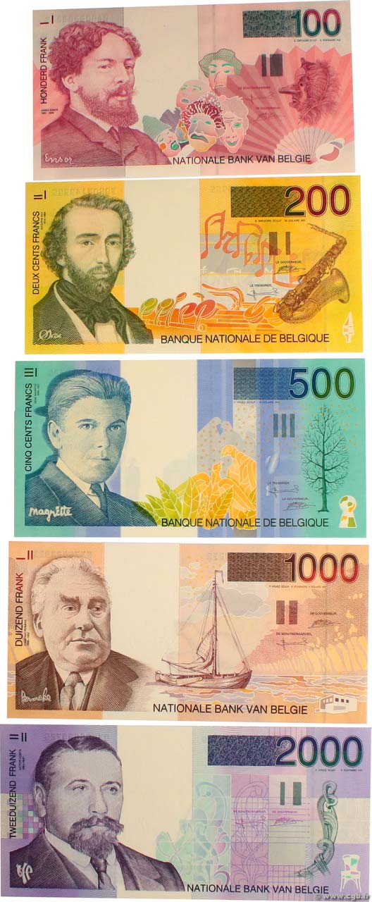 100, 200, 500, 1000 et 2000 Francs Lot BELGIO  1997 P.147, P.148, P.149, P.150 et P.151 FDC