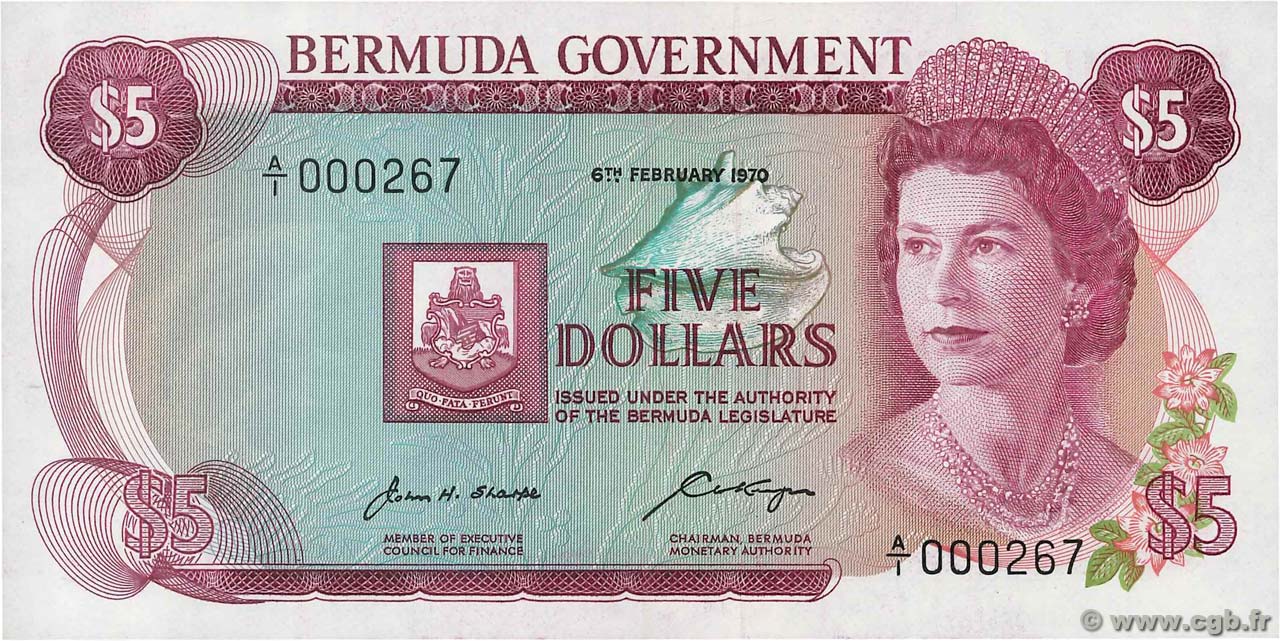 5 Dollars Petit numéro BERMUDA  1970 P.24a q.FDC