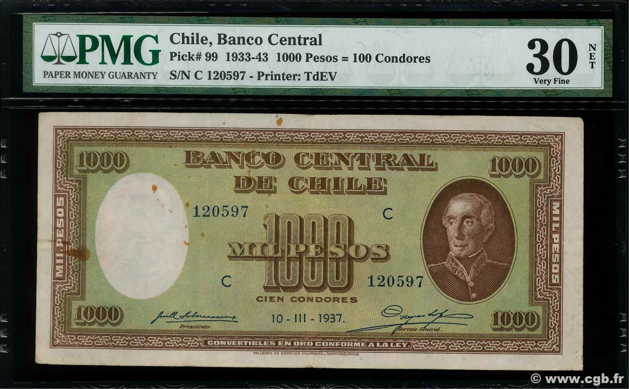 1000 Pesos - 100 Condores CHILE  1937 P.099 VF