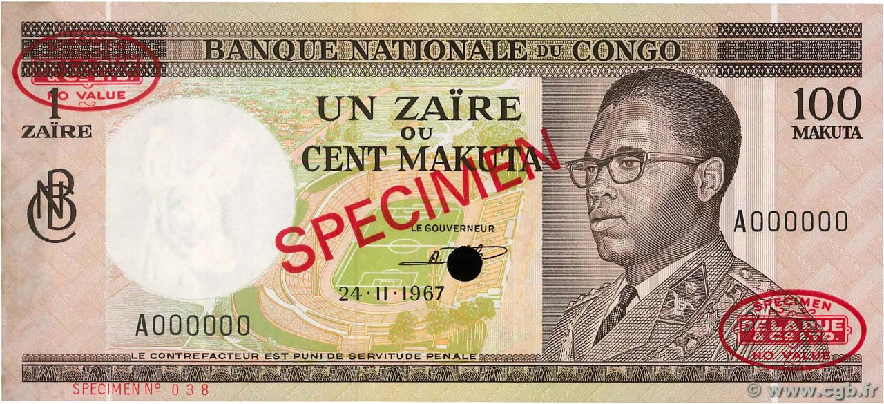 1 Zaïre - 100 Makuta Spécimen RÉPUBLIQUE DÉMOCRATIQUE DU CONGO  1967 P.012as NEUF
