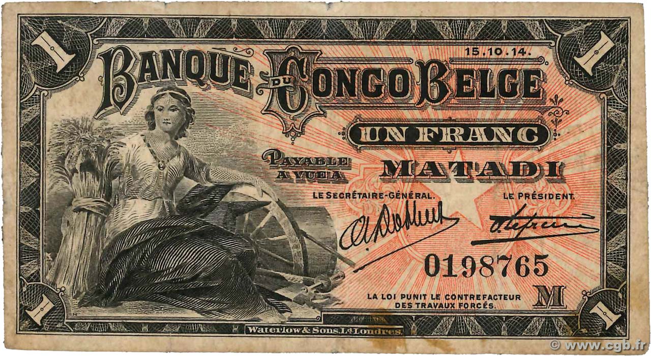 1 Franc CONGO BELGE Matadi 1914 P.03B TB