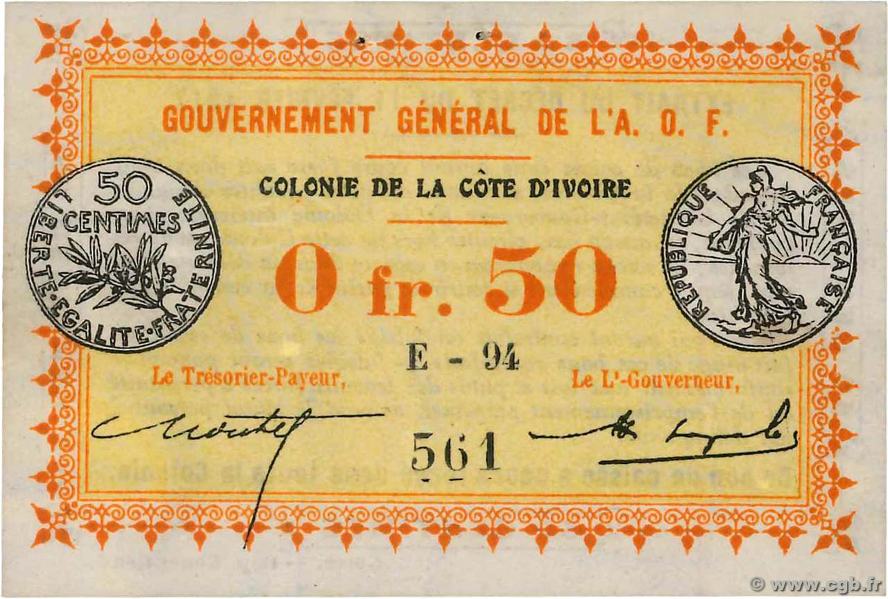 50 Centimes COSTA D AVORIO  1917 P.01b SPL
