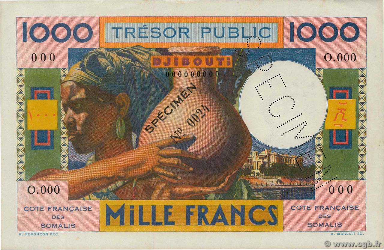 1000 Francs Spécimen DSCHIBUTI   1952 P.28s fST