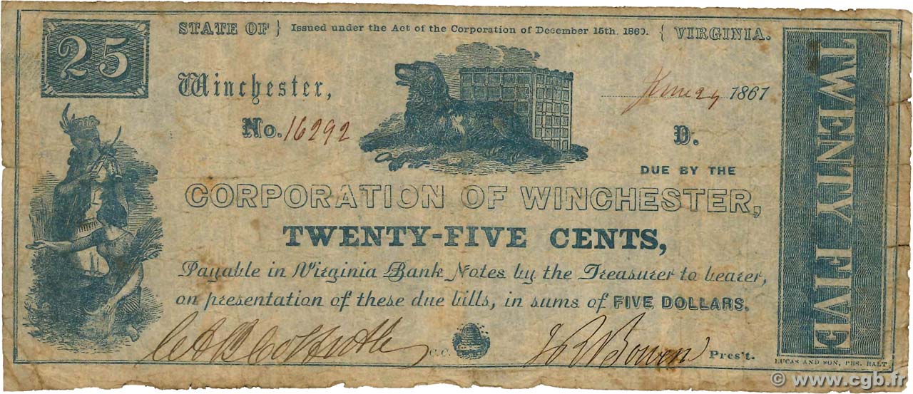20 Cents STATI UNITI D AMERICA Winchester 1861  q.B