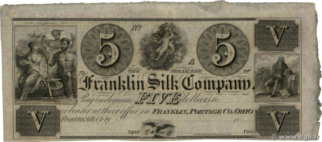 5 Dollars Non émis STATI UNITI D AMERICA Franklin 1837 P.- AU+