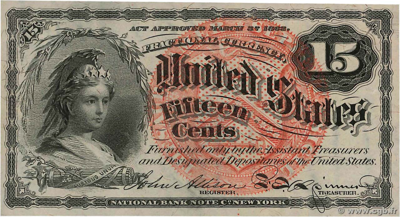 15 Cents ÉTATS-UNIS D AMÉRIQUE  1863 P.116a NEUF