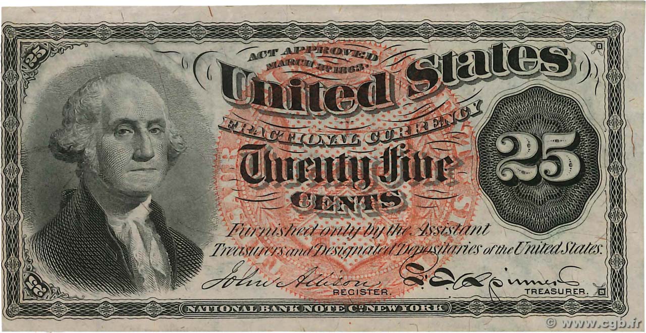 25 Cents UNITED STATES OF AMERICA  1863 P.118a XF