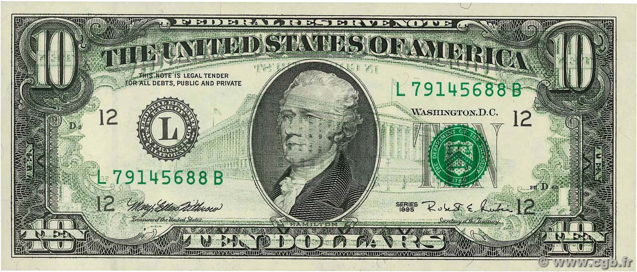10 Dollars Fauté ÉTATS-UNIS D AMÉRIQUE San Francisco 1995 P.499 NEUF