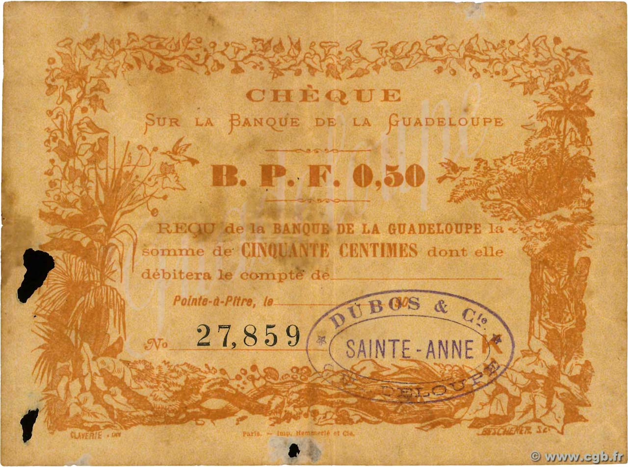 50 Centimes GUADELOUPE  1890 P.20B B+