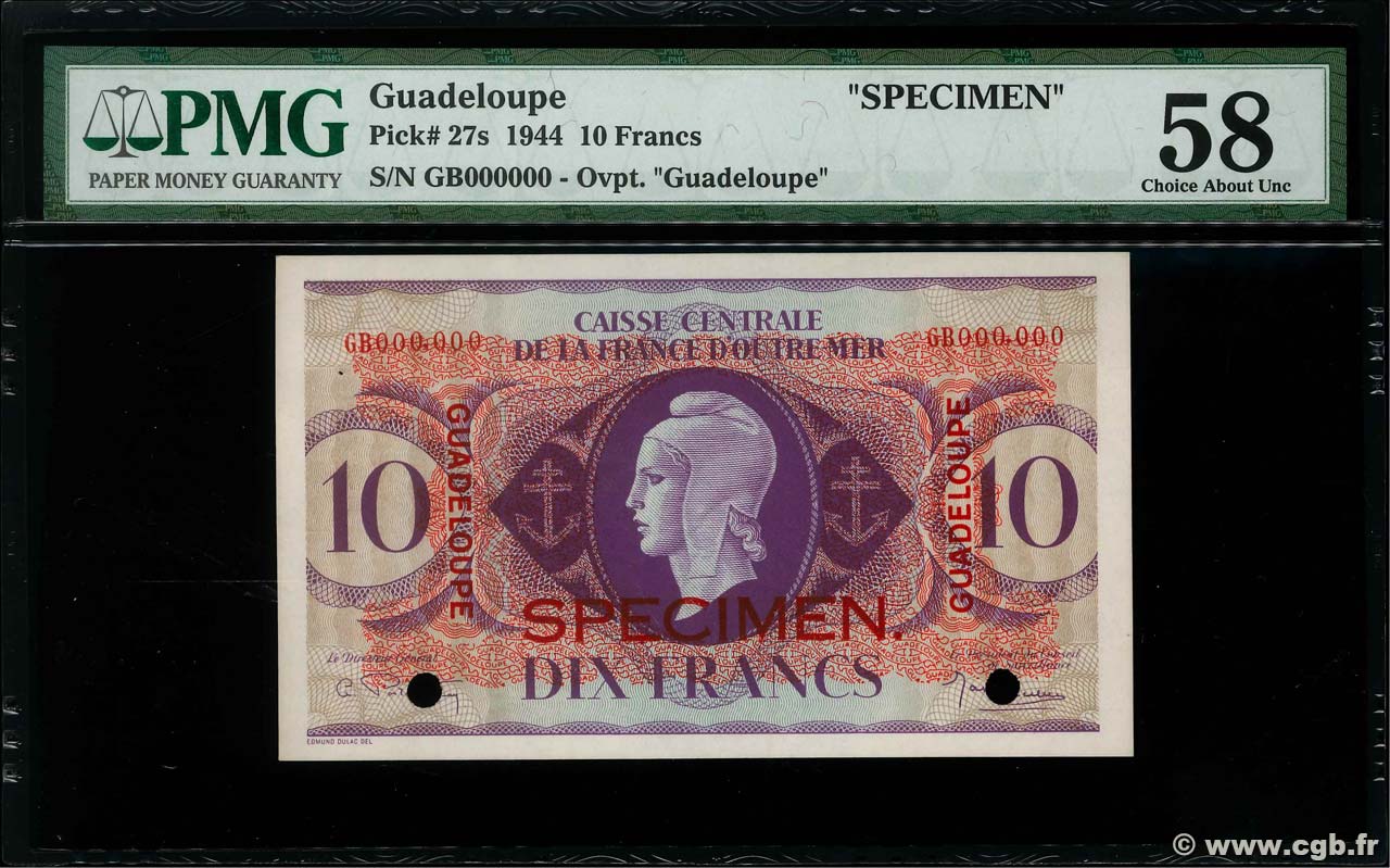 10 Francs Spécimen GUADELOUPE  1943 P.27s AU