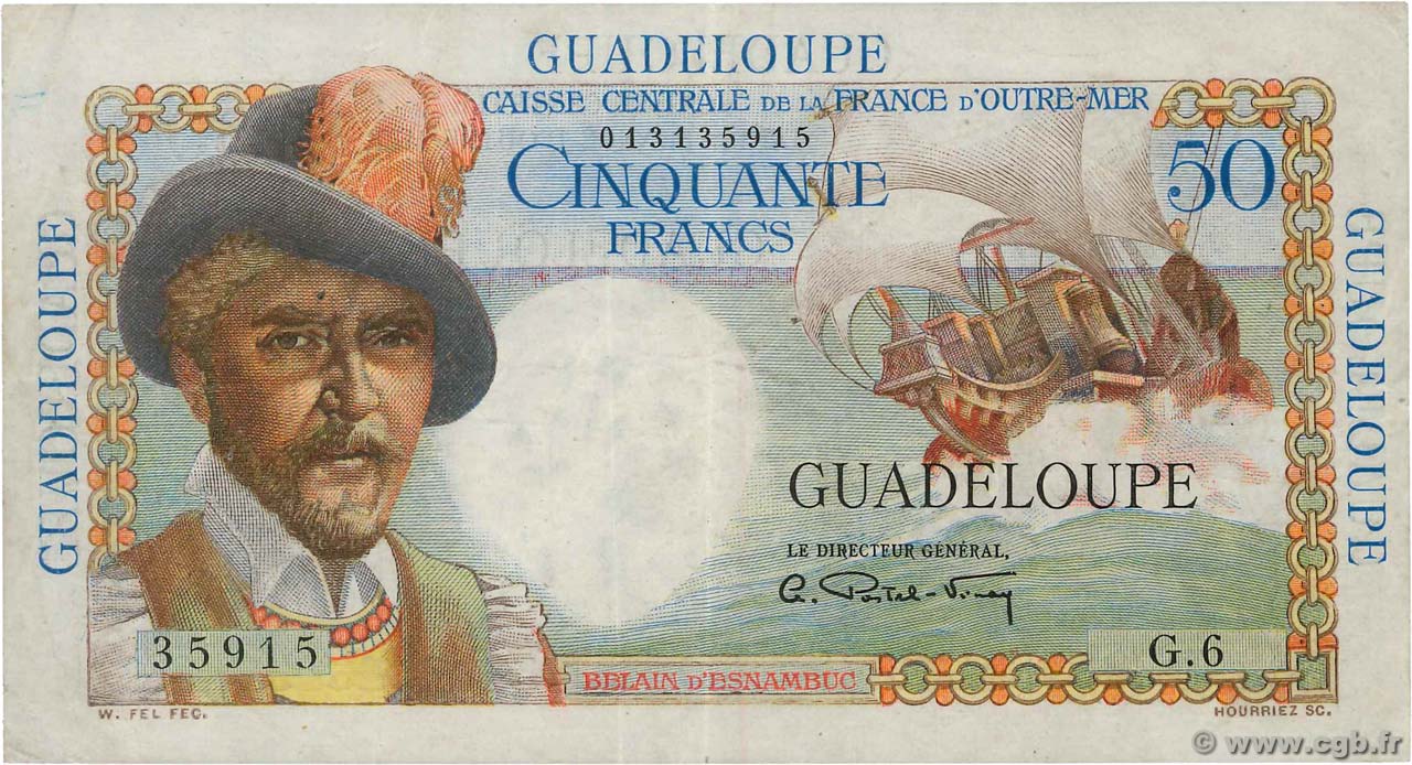 50 Francs Belain d Esnambuc GUADELOUPE  1946 P.34 BC+