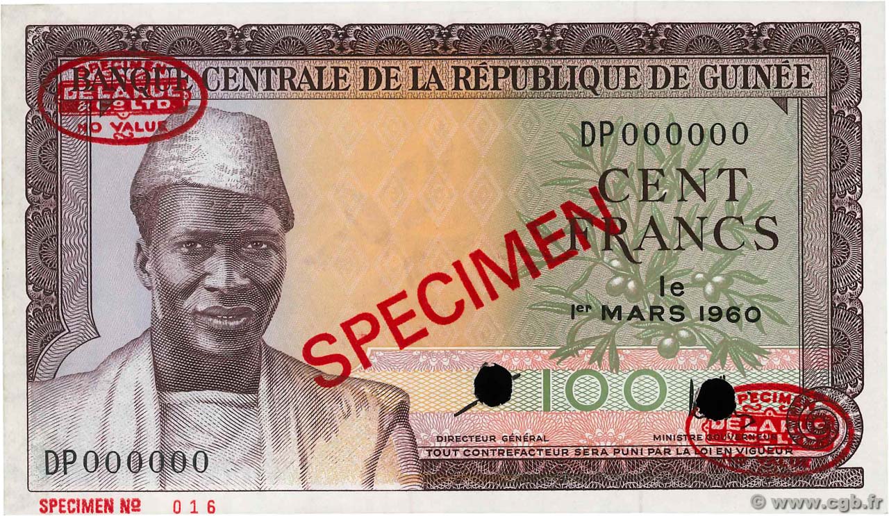 100 Francs Spécimen GUINÉE  1960 P.13as SPL