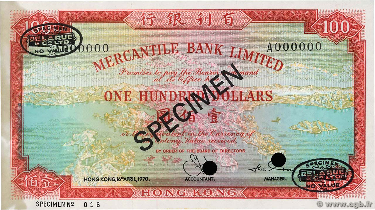 100 Dollars Spécimen HONG KONG  1970 P.244ds AU