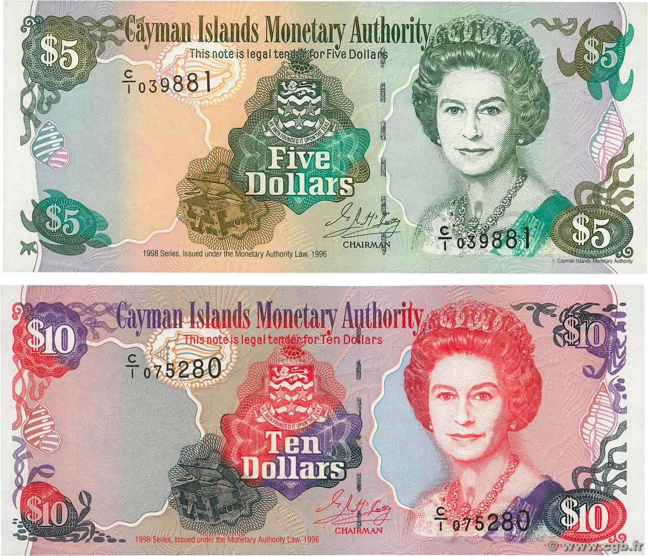 5 et 10 Dollars Lot CAYMANS ISLANDS  1998 P.22 et P.23 UNC