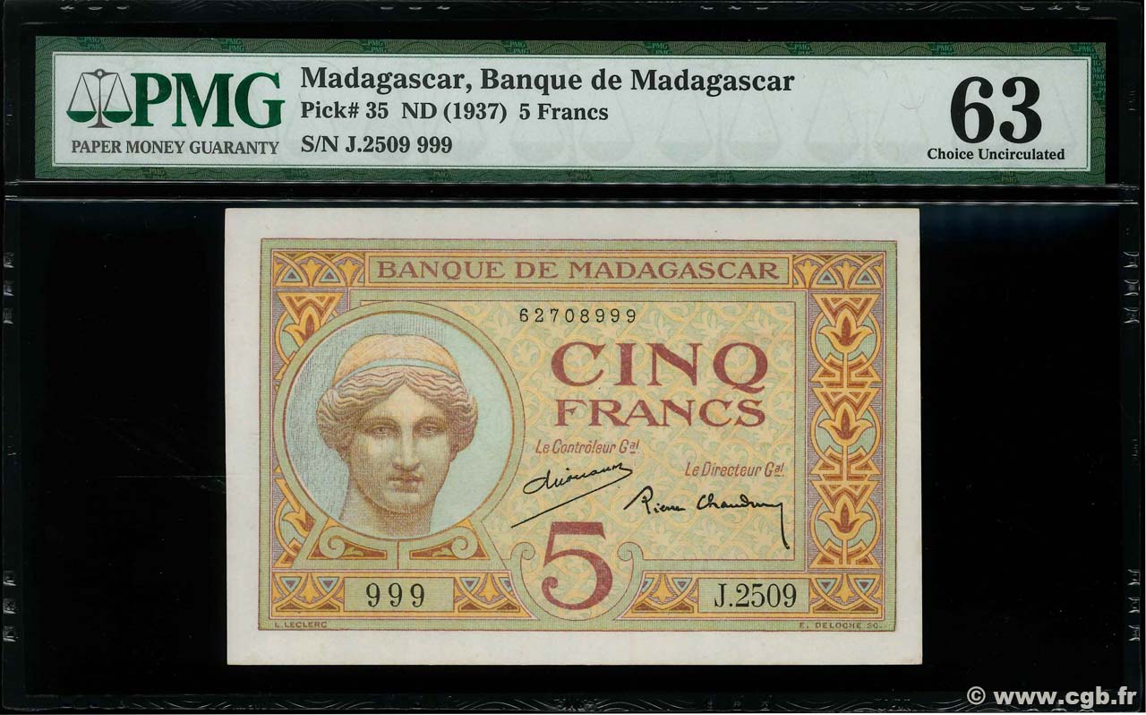5 Francs Numéro spécial MADAGASCAR  1937 P.035 UNC-