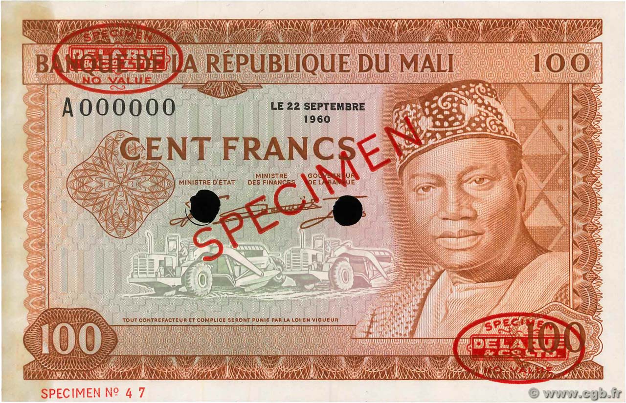 100 Francs Spécimen MALI  1960 P.07s fST