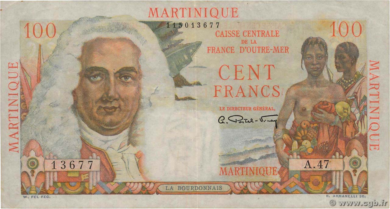 100 Francs La Bourdonnais MARTINIQUE  1946 P.31a BB