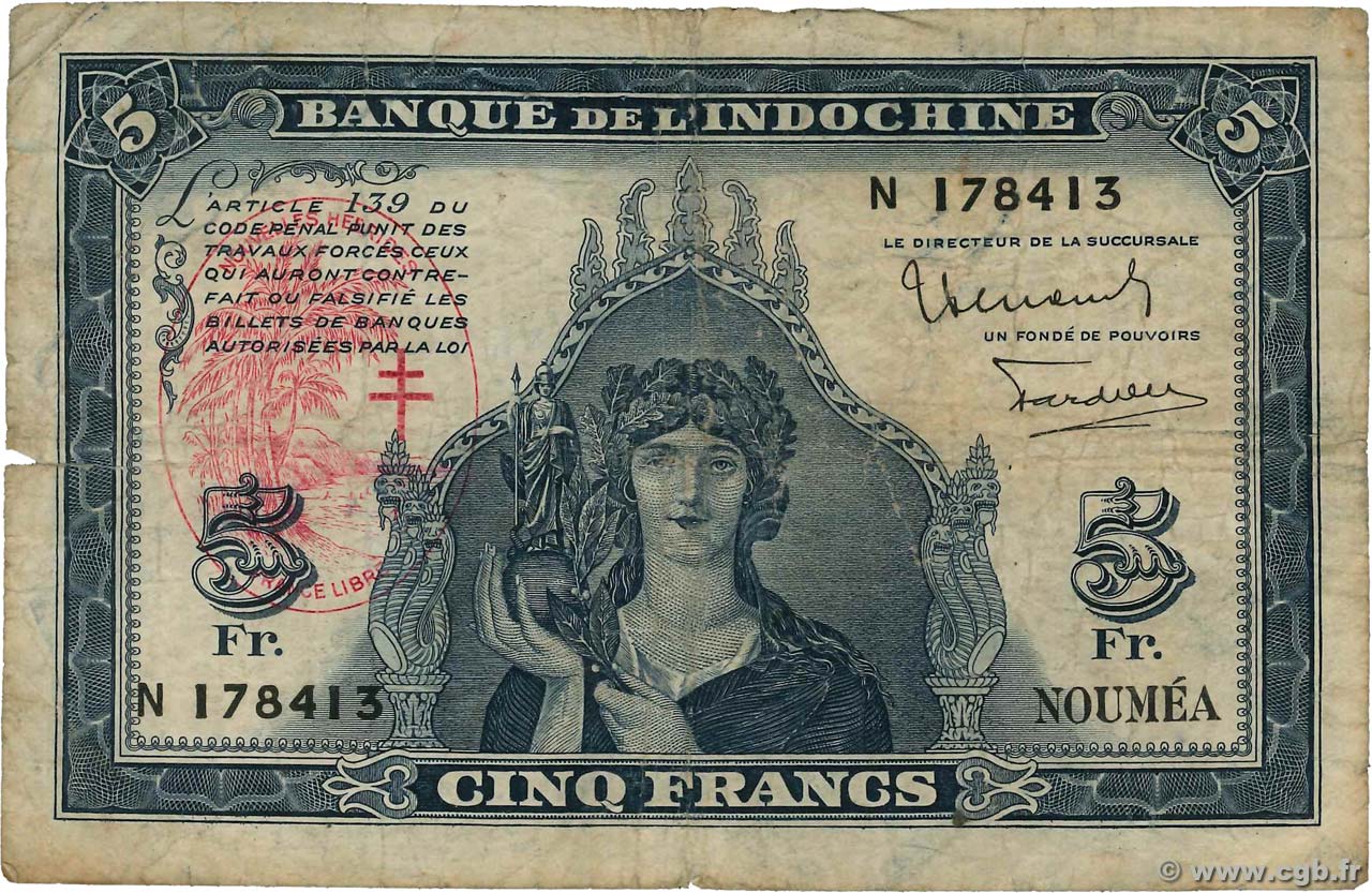 5 Francs NUOVE EBRIDI  1945 P.05 B