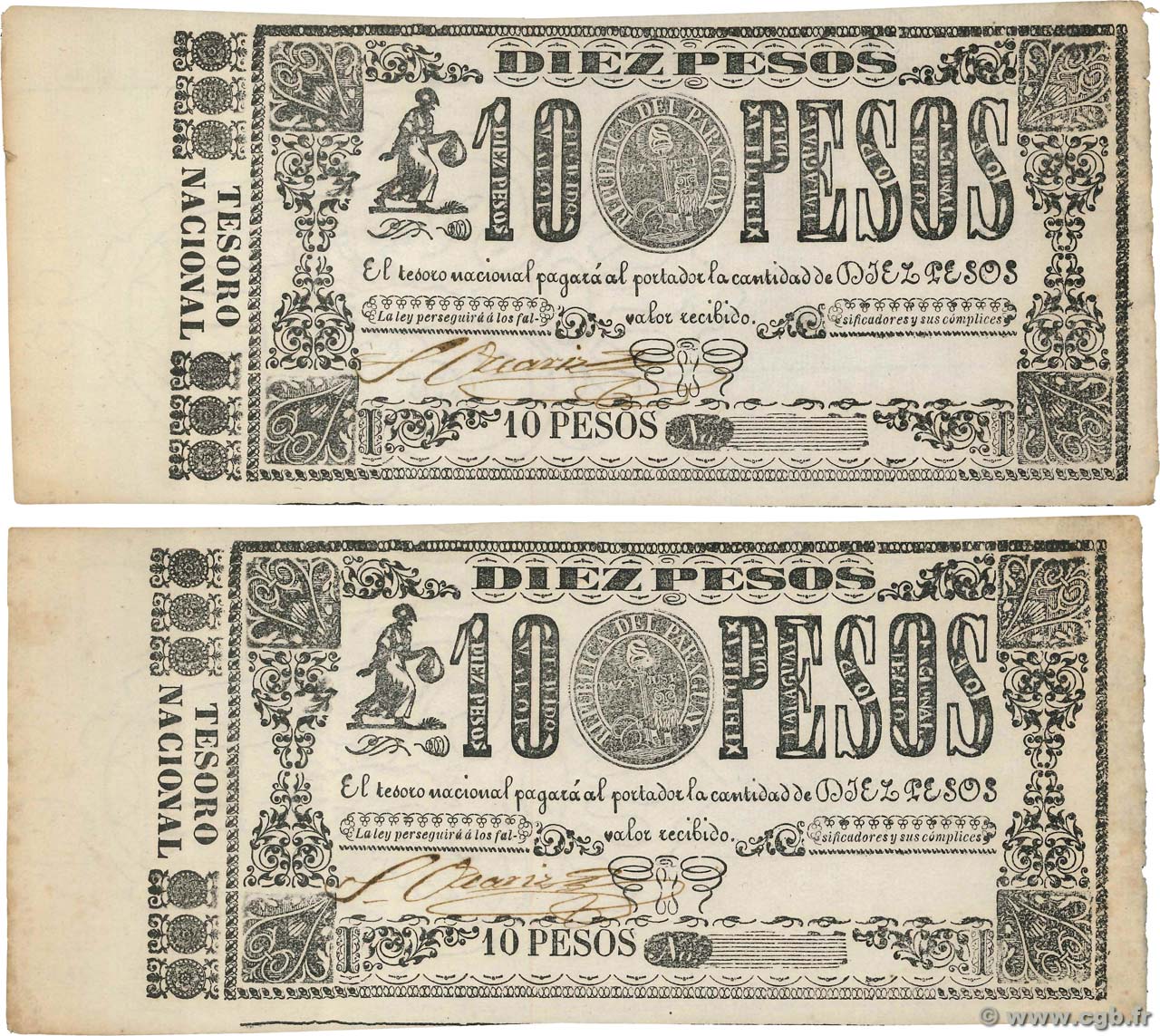 10 Pesos Lot PARAGUAY  1865 P.030 SC