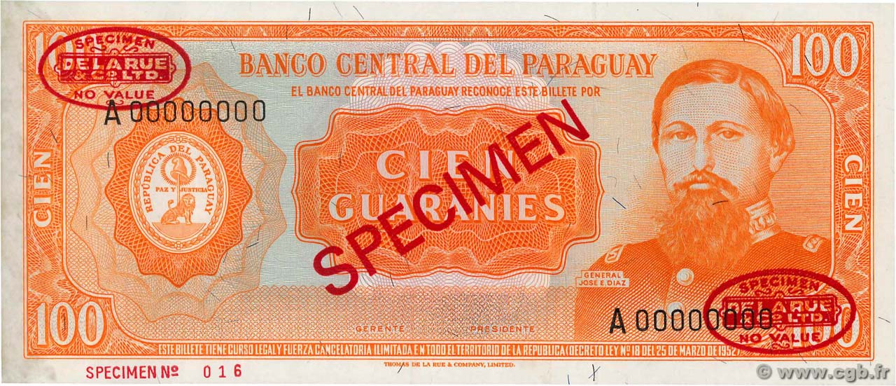 100 Guaranies Spécimen PARAGUAY  1963 P.199bs fST