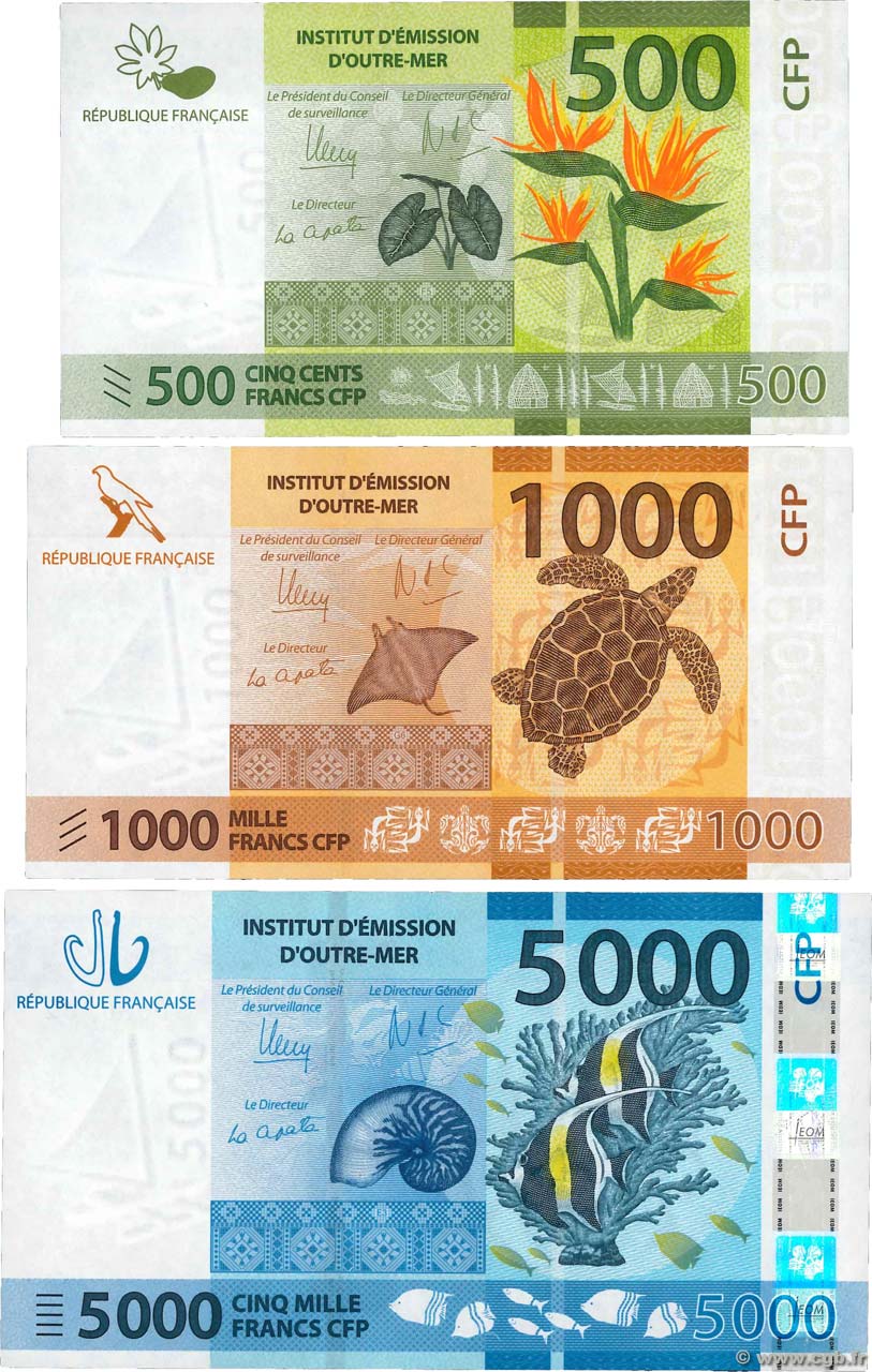 500, 1000 et 5000 Francs Lot POLYNÉSIE, TERRITOIRES D OUTRE MER  2014 P.05, P.06 et P.07 NEUF
