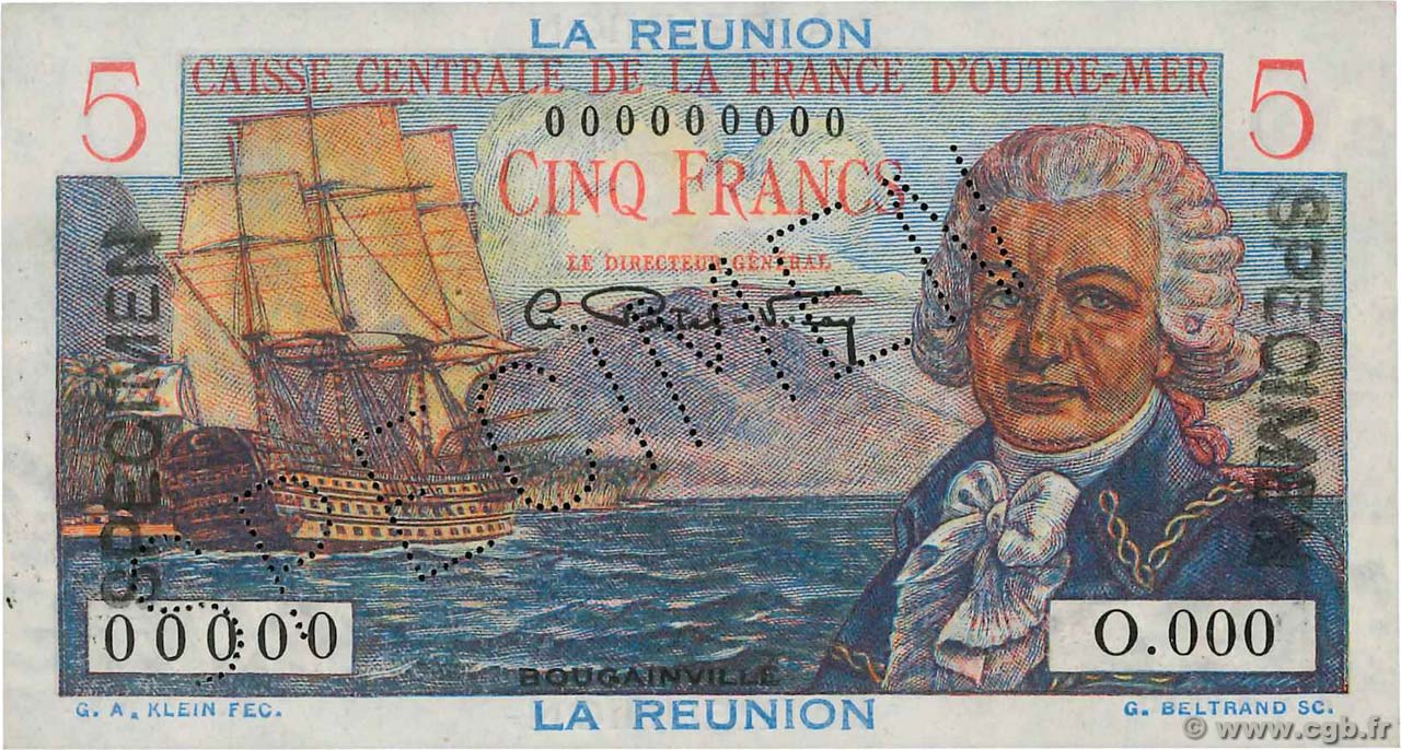 5 Francs Bougainville Spécimen REUNION ISLAND  1946 P.41s UNC