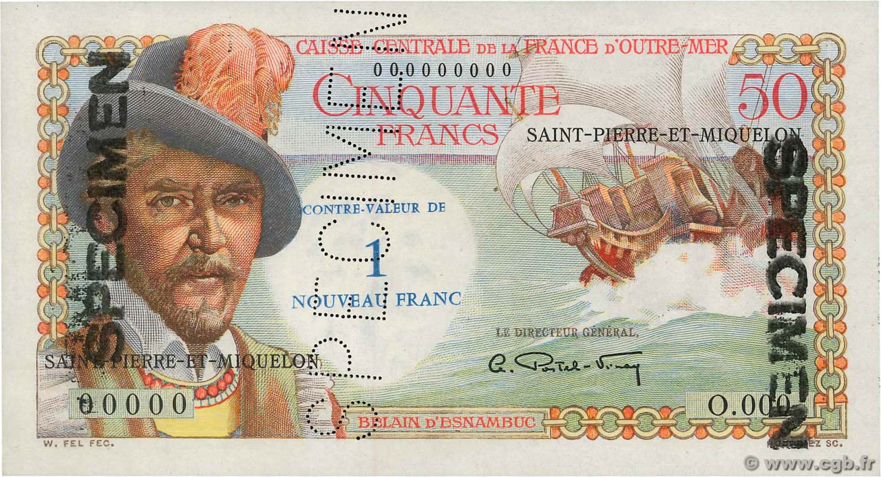 1 NF sur 50 Francs Belain d Esnambuc Spécimen SAN PEDRO Y MIGUELóN  1960 P.31s SC+