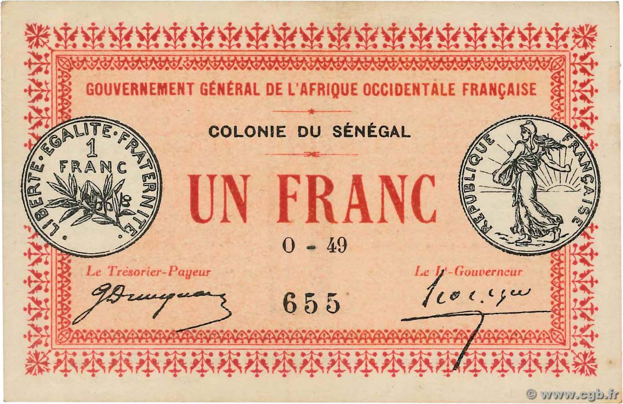 1 Franc SENEGAL  1917 P.02b XF+