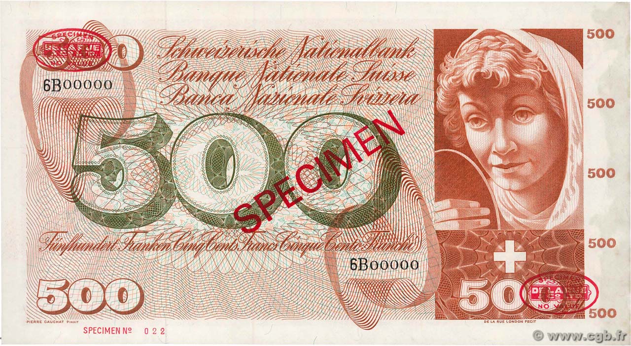 500 Francs Spécimen SUISSE  1961 P.51s AU