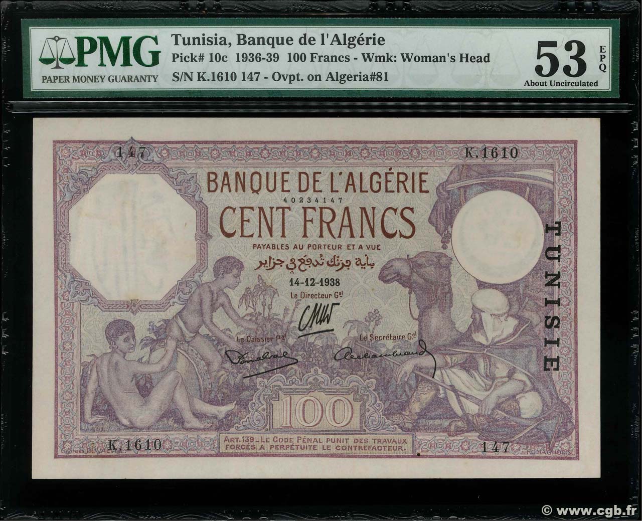 100 Francs TUNISIA  1938 P.10c q.SPL